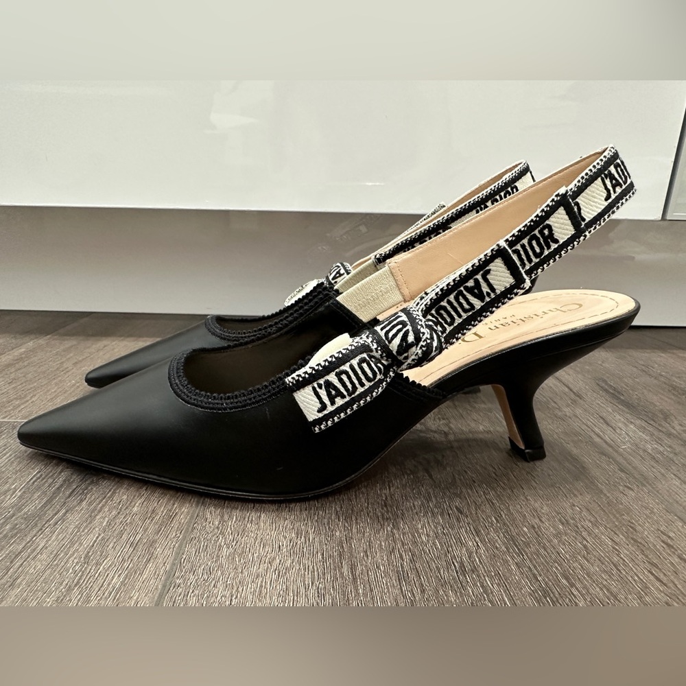 DIOR BLACK LEATHER AND RIBBON KITTEN HEEL SLINGBACKS SIZE 40 - Picture 4 of 15